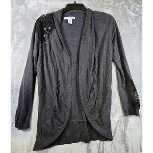 RXB Womens Open Front Cardigan Sweater M Gray Black Lace Shoulder Beaded Gems